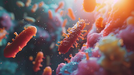 A highly detailed digital rendering of viruses and bacteria, highlighting their structures with luminescent colors. - obrazy, fototapety, plakaty