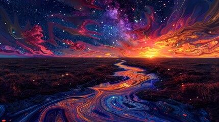 A surreal painting depicting a pathway leading to a sun on the horizon under a star-filled cosmic sky.