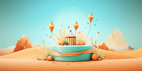  birthday cake ikon stock vector, in the style of lush landscape backgrounds, orange and aquamarine, kawaii aesthetic, rendered in cinema4d, spectacular backdrops, desertwave  © PixelPulse