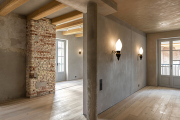 Renovation in Progress. Contemporary Urban Loft Space with Exposed Brick and Wood Beams
