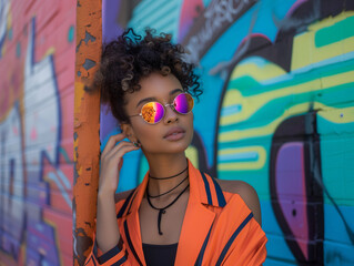 Obraz premium A young woman in sunglasses looks into the frame against a bright wall.