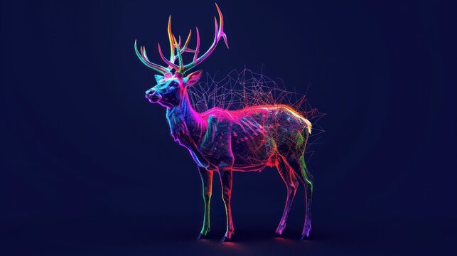Abstract 3d colorful hologram deer animal drawing in dark background. AI generated