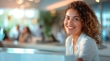 A smiling latina office receptionist woman working at the front desk of the company - obrazy, fototapety, plakaty