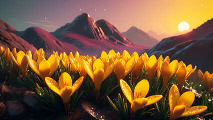 yellow crocuses grow on the hills against the backdrop of the mountains. first spring flowers.	
 - obrazy, fototapety, plakaty