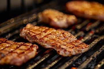 the sizzling surface of a hot grill, steak closeup, sizzling steak closeup, sizzling hot grill steak closeup 