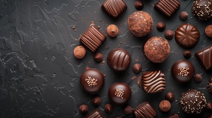 Bonbon Chocolate Pralines Texture Background, Cocoa Candies Banner, Chocolate Praline on Black with...
