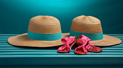hat, flipflops and sandals on a blue towel - obrazy, fototapety, plakaty