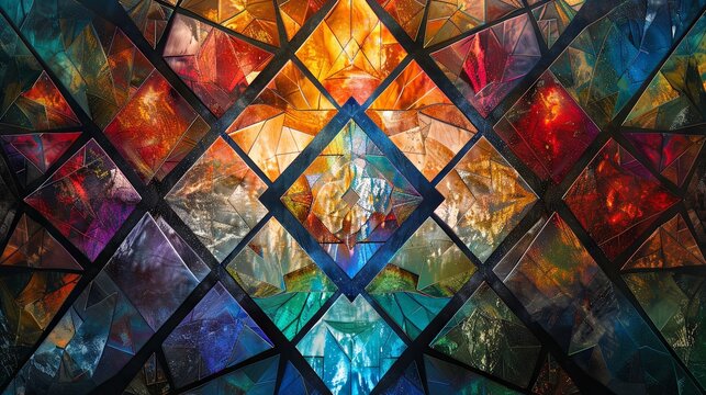 Colorful kaleidoscopic artwork resembling a stained glass window with dynamic geometric patterns.