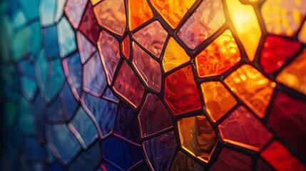 Abstract stained glass window radiating with vibrant colors and dynamic light reflections.