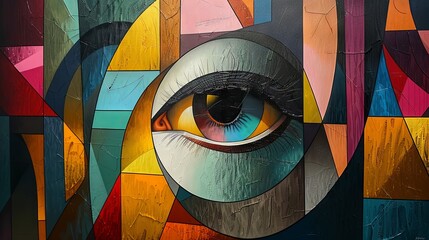 A vibrant abstract mural depicting a stylized eye over a mosaic of colorful square patterns.