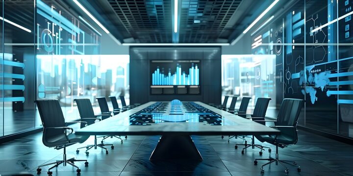 A hightech conference room hosts discussions on digital transformation strategies in business finance. Concept Technology, Digital Transformation, Business Finance, Conference Room, Discussions