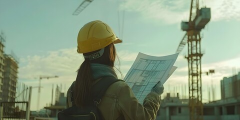 Engineers and architects discussing building layouts and construction plans in a construction site. Concept Construction site meeting, Building layouts, Construction plans, Engineers, Architects,