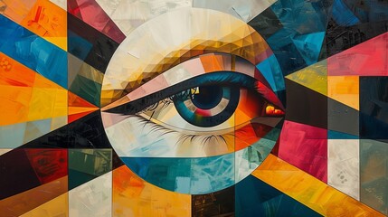A vibrant abstract mural depicting a stylized eye over a mosaic of colorful square patterns.
