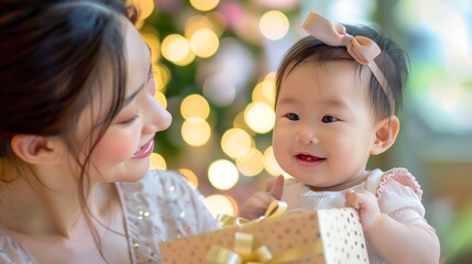 Portrait little baby smiling to her mom have gift on birthday moment. AI generated image