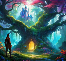Obraz premium Fantasy style, man, enchanted forest, magical elements