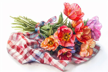 Watercolor Tulips Bouquet with Checkered Ribbon