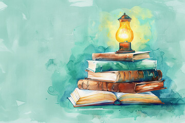 Watercolor clipart featuring a glowing lamp of knowledge atop a stack of medical books isolated on a gentle pastel green background - obrazy, fototapety, plakaty