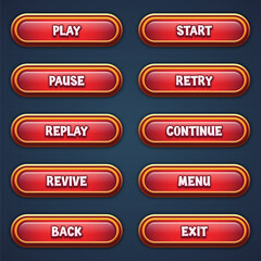 Set of red game buttons for mobile games with editable text effect gui to build 2d games