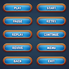 Set of blue game buttons for mobile games with editable text effect gui to build 2d games