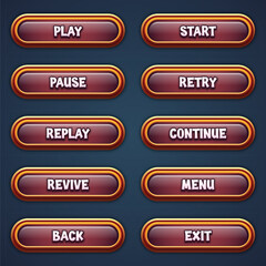 Set of brown game buttons for mobile games with editable text effect gui to build 2d games