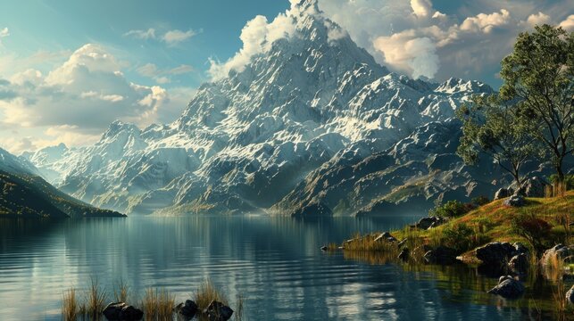 Beautiful high mountain with lake view landscape. AI generated image