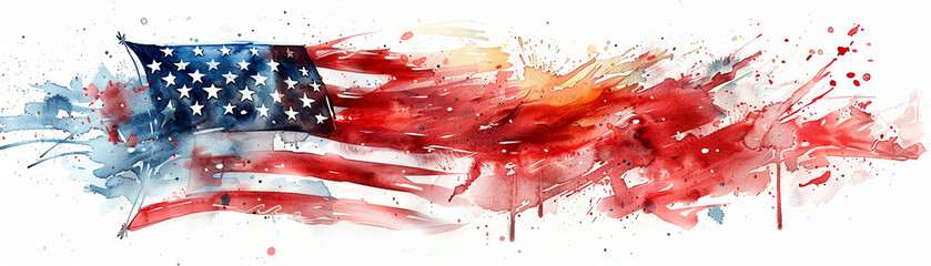 Detailed watercolor clipart of a single weathered American flag - obrazy, fototapety, plakaty