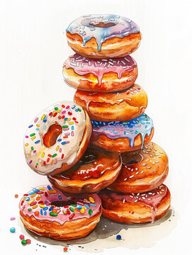 A whimsical watercolor illustration of a pile of assorted donuts each with different glazes and toppings