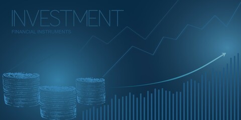 Illustration. Investments, financial instruments, economic trends, trade and investment, graphs, charts. Presentation concept, website background, poster,  banner, advertising. Digital agency.