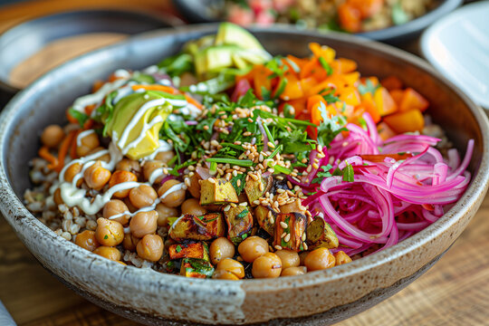 A bowl of food with a variety of vegetables and beans. The bowl is on a wooden table