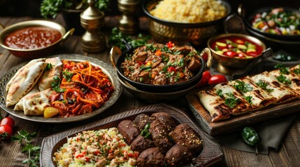 Delicious Traditional assorted eastern cuisines dishes. AI generated image - obrazy, fototapety, plakaty