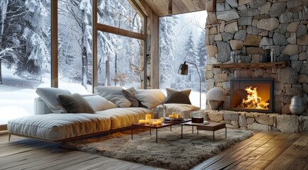 Cozy winter living room with a fireplace and snow outside the window. Natural stone walls, wooden...