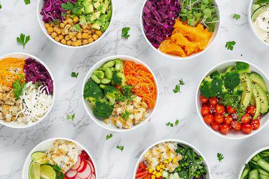 A row of bowls filled with various types of salads and vegetables. The bowls are arranged in a row, with some bowls containing more vegetables than others. Scene is healthy and nutritious