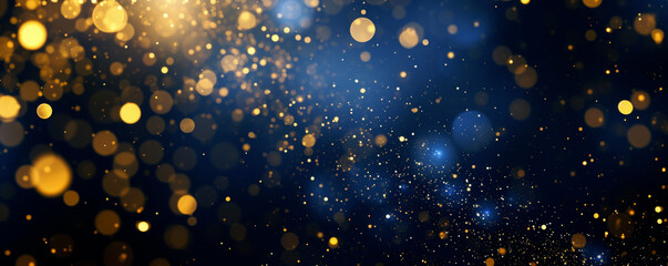 abstract background with dark blue and gold particle. Gold foil texture. Christmas golden light shine particles bokeh on blue background. Holiday concept. Dark blue backdrop scattered