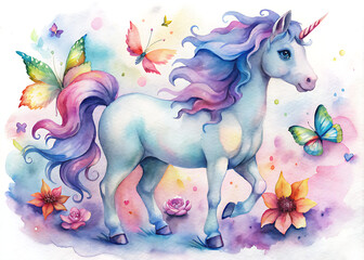 Watercolor illustration of a charming unicorn surrounded by flowers and butterflies