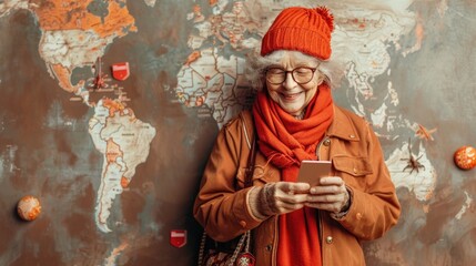 An adventurous elderly person on a solo travel, holding a credit card while booking an exotic experience on a smartphone, with whimsical symbols of travel deals and souvenirs encircling them