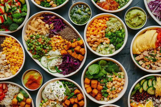 A table with many bowls of food, including vegetables and beans. The bowls are arranged in a row, with some bowls containing more food than others. Scene is healthy and nutritious