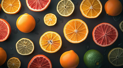 Vibrant Citrus Slices on Dark Background - obrazy, fototapety, plakaty