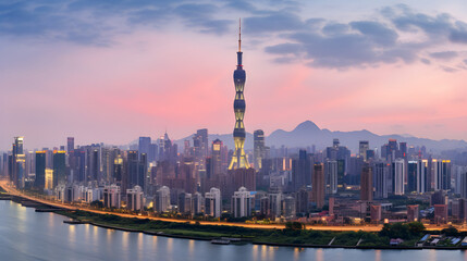 Splendid Evening Silhouette of Guangzhou (GZ) City Skyline Including the Iconic Canton Tower