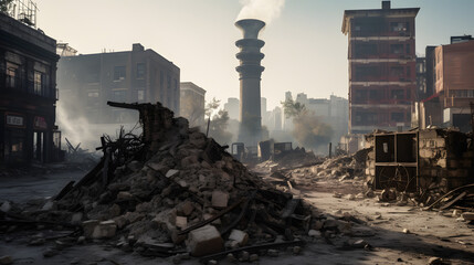 ruins of a building and many pillars under a large pile of debris - obrazy, fototapety, plakaty