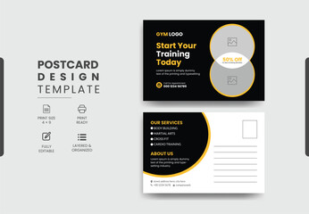 Modern professional gym fitness postcard design template, Training workout gym center postcard template design.