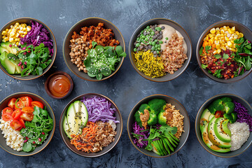 A row of bowls filled with various types of food, including salads and vegetables. The bowls are arranged in a way that creates a sense of abundance and variety - obrazy, fototapety, plakaty