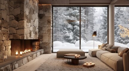 Cozy winter living room with a fireplace and snow outside the window