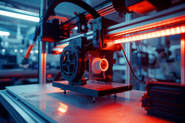 3D printer operating with red filament in a lab, technology concept, futuristic modern manufacturing - obrazy, fototapety, plakaty