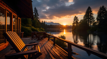 Naklejka premium sunset scene from a wooden deck on a lake next to ocean