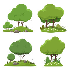 Collection of trees, gaming platforms, elements in cartoon flat style.