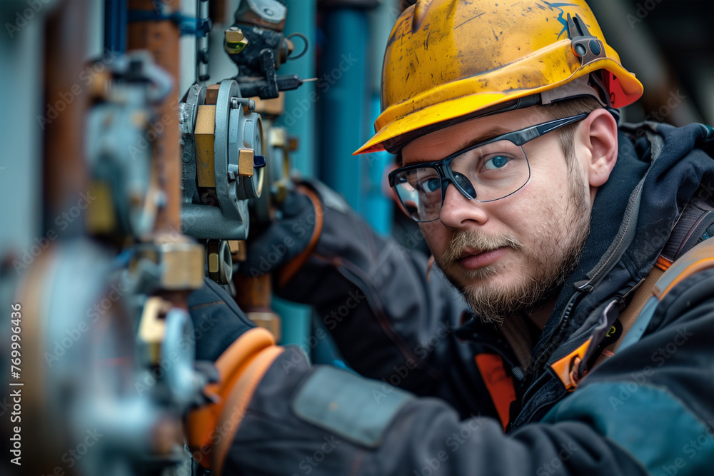Poster man in hard hat and glasses working on machine