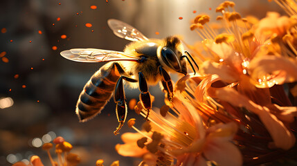 the bee has just swept in from a flower - obrazy, fototapety, plakaty