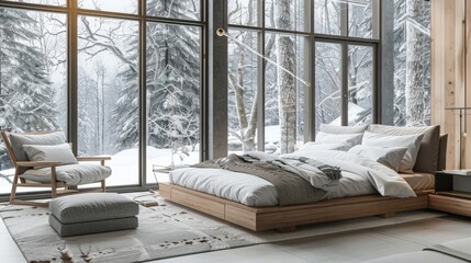 Interior design of bedroom with white tones, featuring wooden bed and armchair. Large windows overlooking snowy forest, and a comfortable sofa near the window