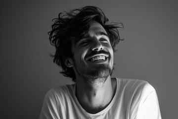 Black and white portrait of a joyful young man with messy hair, laughing and looking to the side, against a plain background.