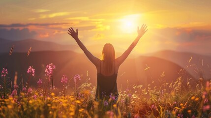Happy young woman standing in a meadow with their hands up sunset from rear view. AI generated - obrazy, fototapety, plakaty